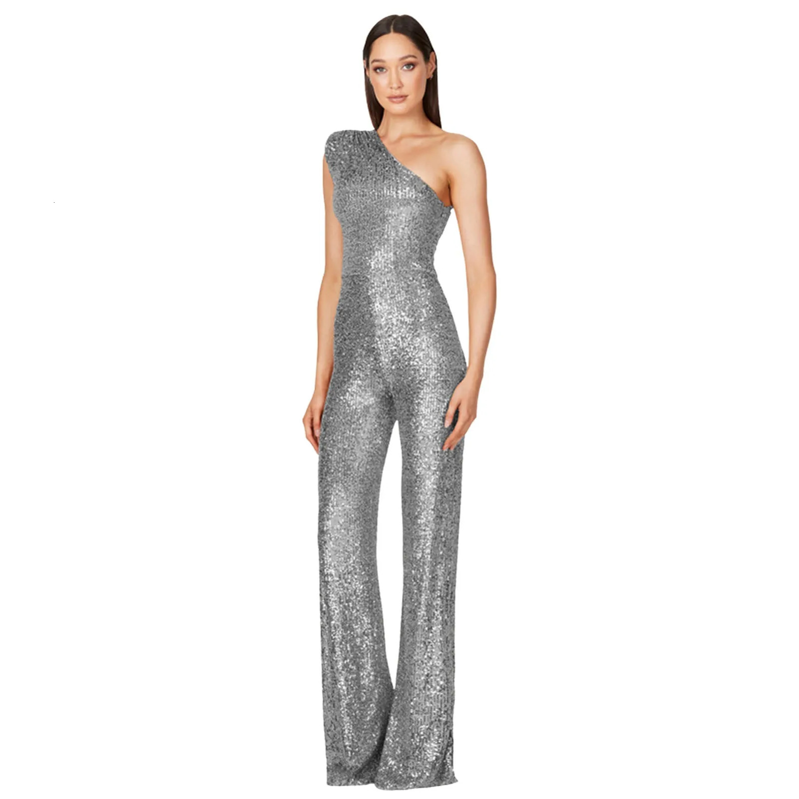 Womens One Shoulder Jumpsuits Elegant Sequins Glitter Party Overalls Sleeveless High Waist Straight Trousers Wedding Jumpsuit 250227