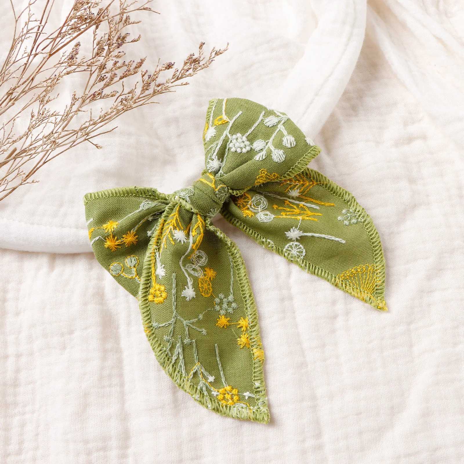 12Pcs/Lot 4Inch Floral Embroidered Baby Girls Hair Bow Hair Clips Handmade Fable Bow Headband Toddler Hair Accessory 250227