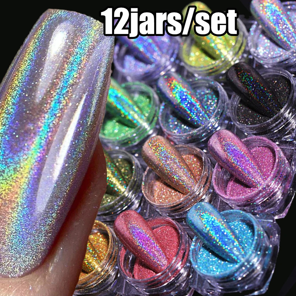 12Jars/set Holographic Glitter Nail Fine Powder 0.05mm Super Shinying Unicorn Rainbow Laser Powder DIY Mirror Manicure Powder 250227