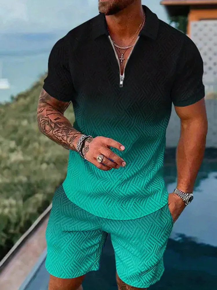 Fashion Mens Short Sleeve Shorts Two Piece Summer Zipper Polo Shirt T-Shirt Shorts Set Lapel Gradient Top Hawaii Travelwear 250224