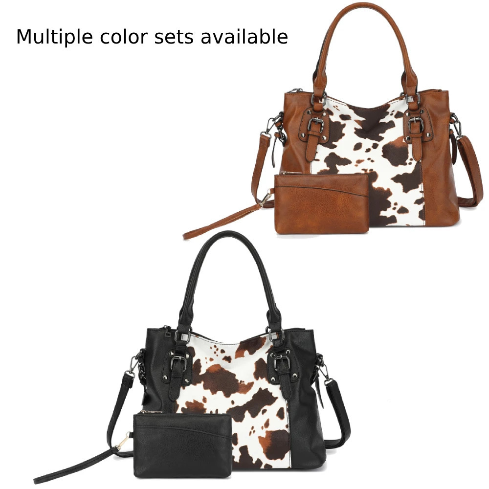Ship from US 2PC Set Purses Tote Bag For Women Handbags PU Leather Large Shoulder Cow Pattern Work Bags With MultiPockets 250227FBB