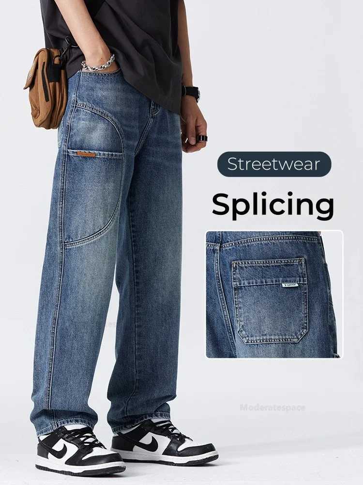 Retro patchwork jeans Korean mens clothing stretchy straight legs casual denim loose and fashionable pants mens X250227