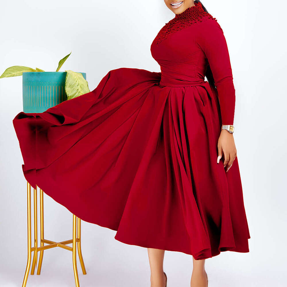 D454 Women's Fashionable High Collar Elegant Nail Bead Grand Swing with Waist Folding African Dress 2025 New Casual Versatile Fashion Clothing