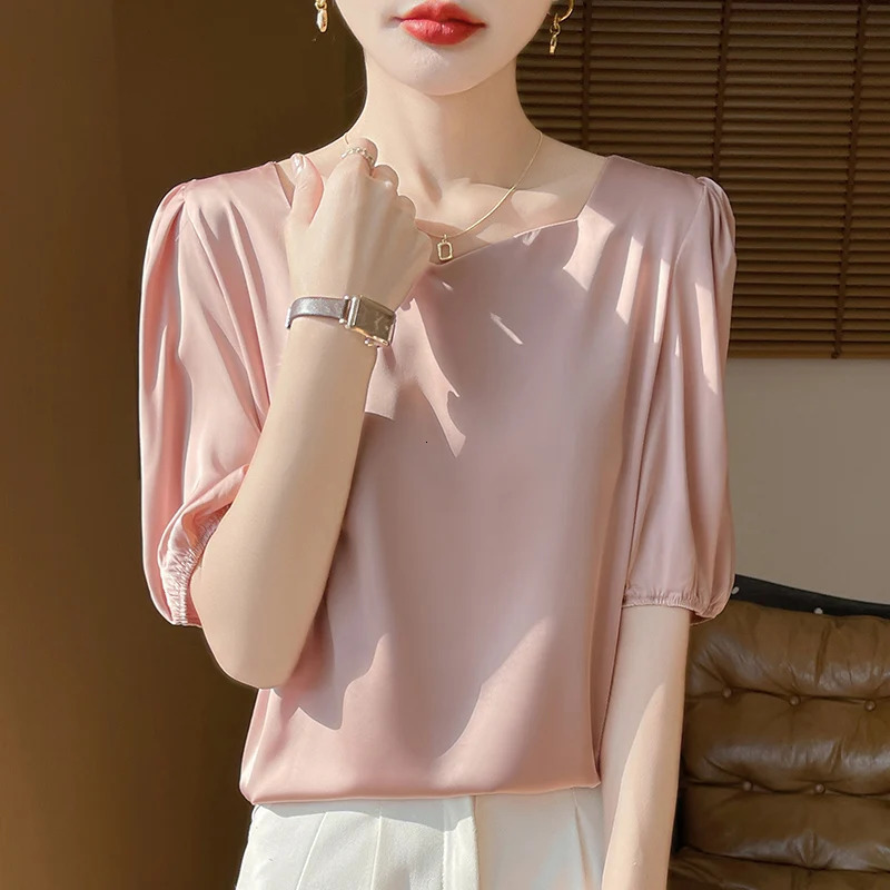 2025 Women Summer Fashion Short Sleeve T-Shirts Loose Shirt Tops Female Solid Color Satin Shirts Ladies O-neck Casual Blouses 250226