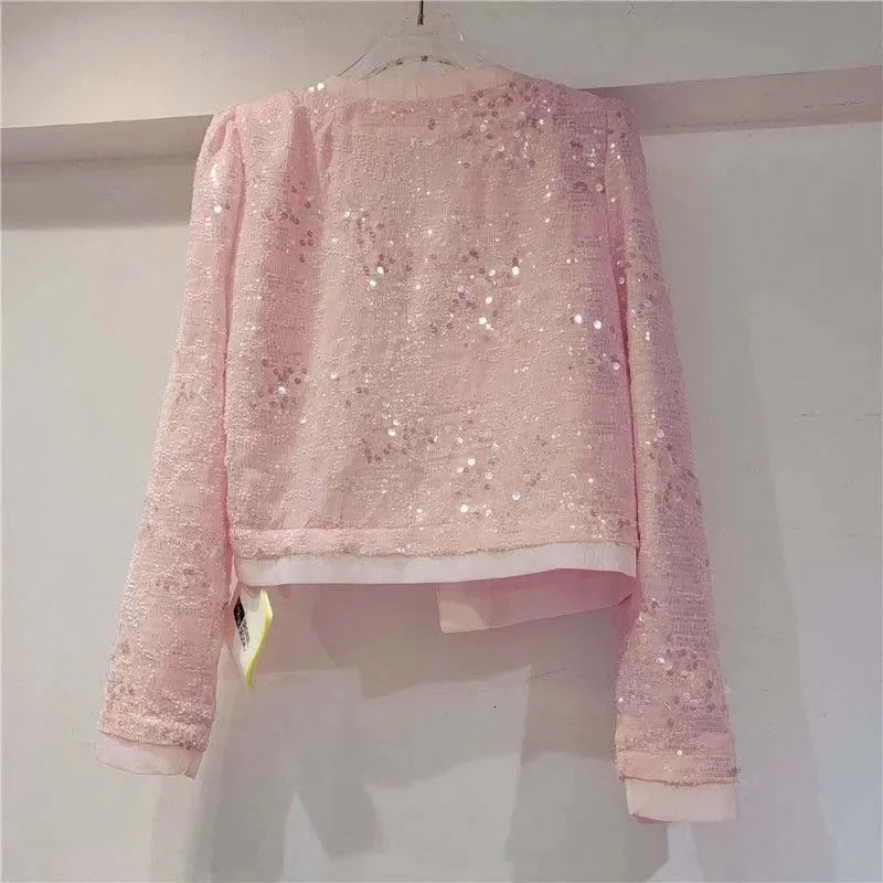 Womens Korean Outerwear Cardigan Splicing Sequin Jacket Spring Female Long Sleeved Stylish Socialite Versatile Slim 250227