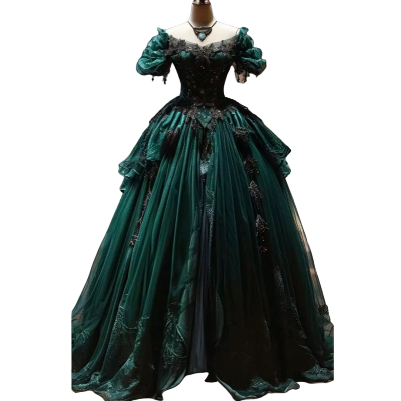 Medieval Vintage Prom Dresses Dark Green And Black Long Victorian Special Occasion Dress Short Sleeves Lace Appliques Retro Corset A-Line Floor Length