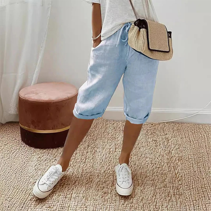 American Vintage Solid Lace Up Womens Cotton Linen Pants Elastic High Waist Wide-Leg Shorts With Pocket Streetwear Ladies Pants 250227