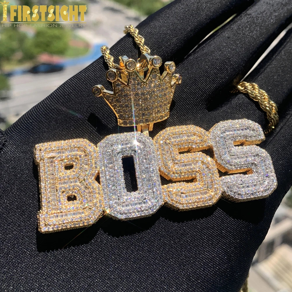 Hip Hop Crown Letter Pendant Necklace Iced Out Bling Two Tone Color CZ Zircon Charm Mens Women Jewelry 250227