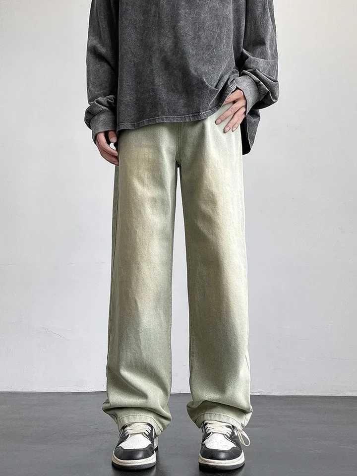 New 2025 Korean Style Mens Casual Long Jeans Classic Straight Denim Wide-Leg Pants Solid Colors Light Blue Grey Black up to 3XL X250227