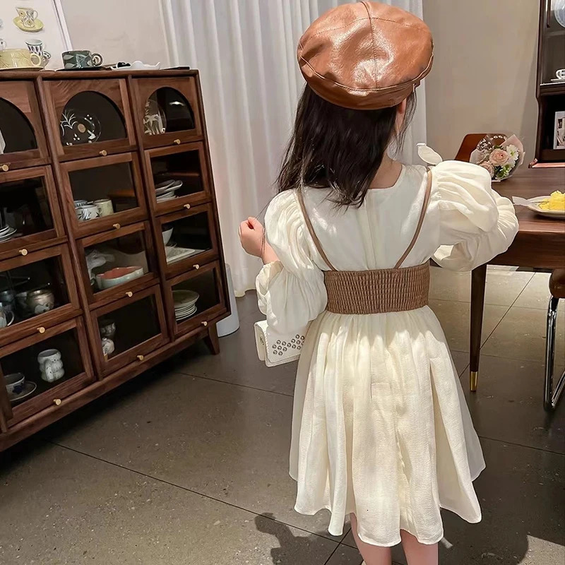 Long Sleeve Chiffon Princess Dress PU Leather Vest 2Pcs Girls Dress Spring And Autumn Fashion 2-12 Years Kids Clothes 250227