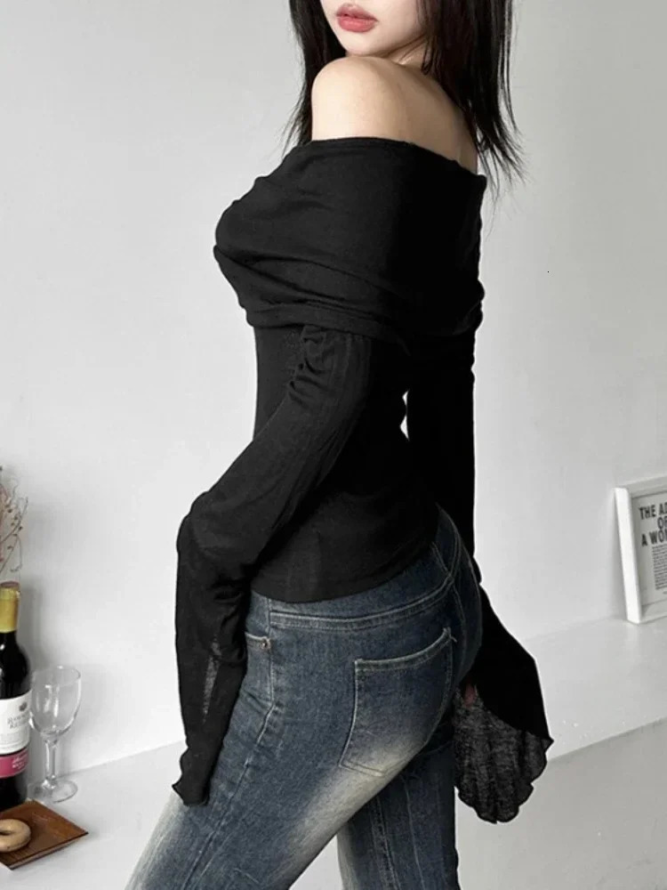 Y2k Aesthetic Women Translucence Tee Shirts Slash Neck Long Sleeve Solid Casual TShirts Vintage Off Shoulder Sexy Cute Tshirts 250226