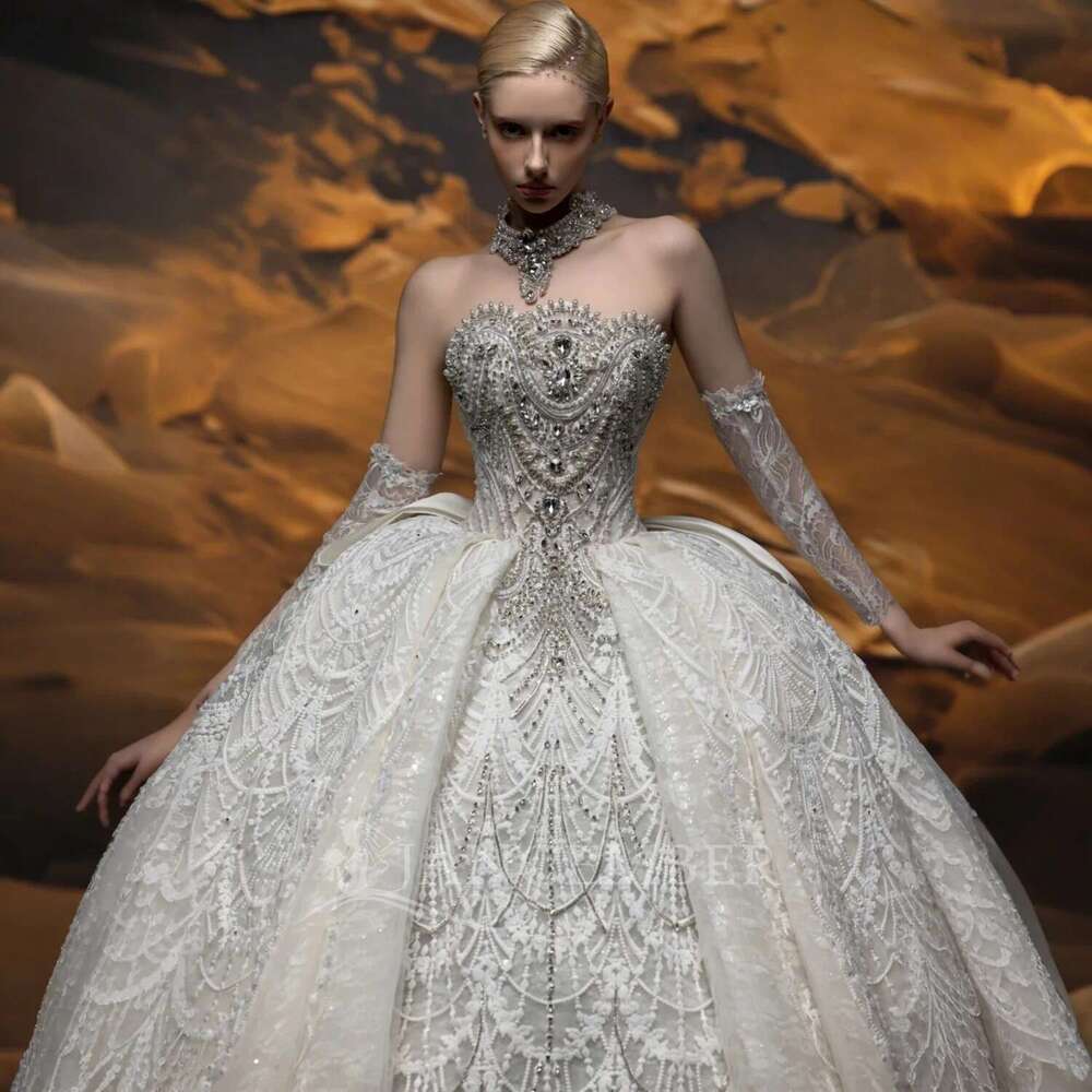 Custom white wedding dresses 2025 strapless sleeveless dress novia lace sequins o robe de marie