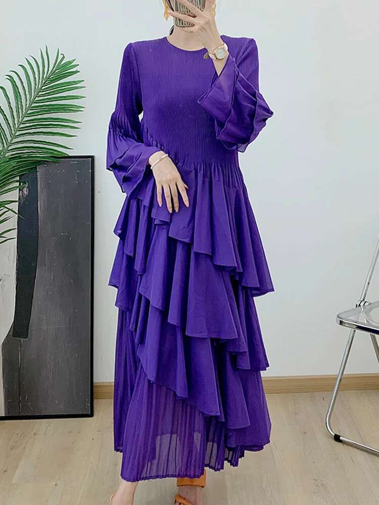 LANMREM Irregular Ruffles Pleated Dress For Women Fashion Long Sleeves Solid Color Dresses Evening Party 2024 New 2Da3391
