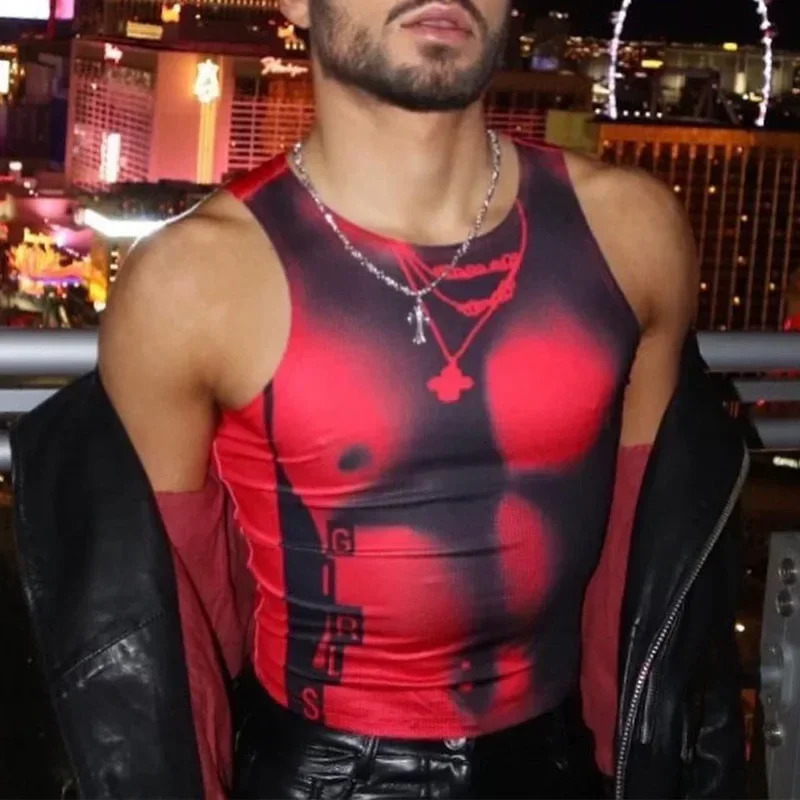 Sexy Nightclub Tank Tops Men Elastic Slim Sleeveless Straps Crop Tops Mens Fashion Streetwear Camisole Y2K Print Basic Tops Vest 250226