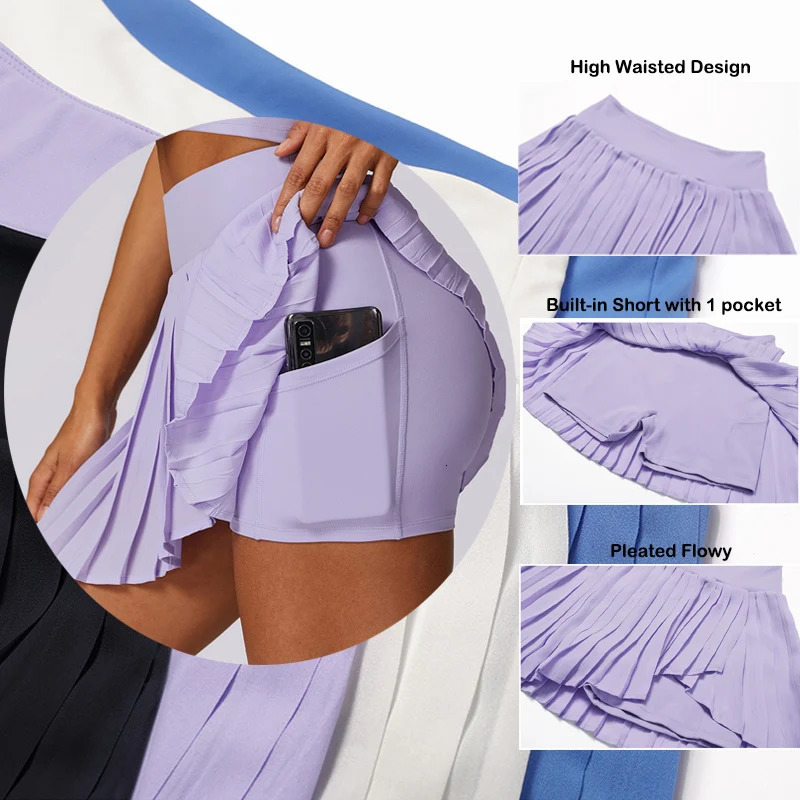 VITALINOVO Womens High Waisted Pleated Tennis Skirts with Pockets Tummy Control Casual Liner Skorts A Line Workout Golf Skirts 250224