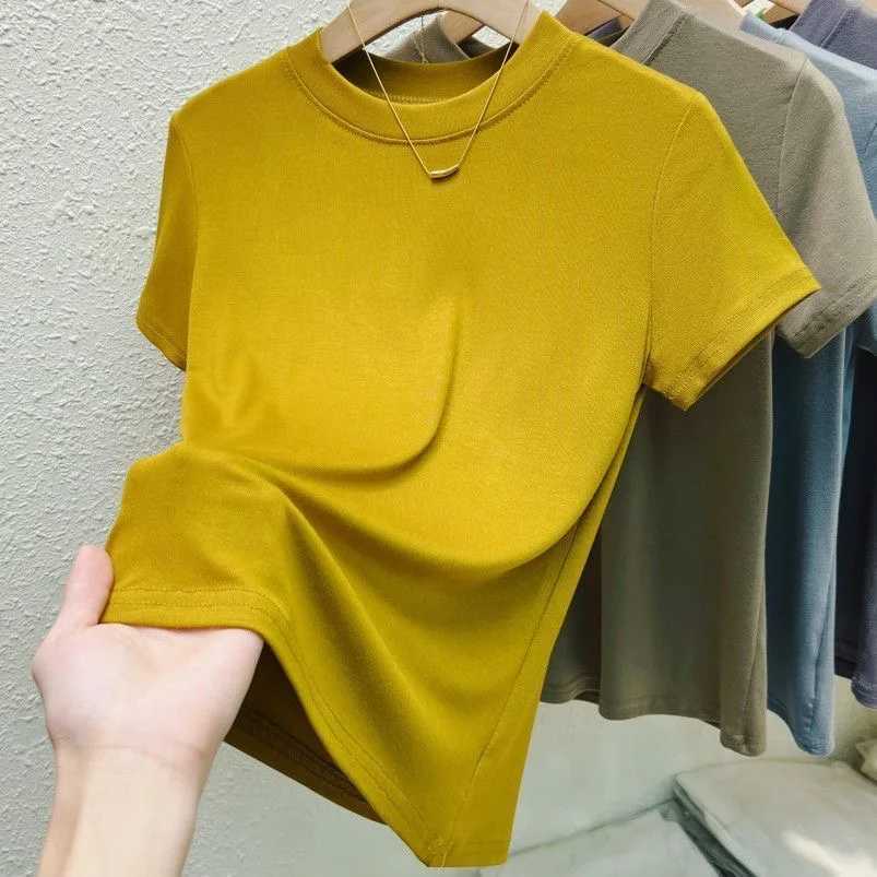 Womens Elastic Crew Neck T-Shirt Solid Ribbed Tops Pink Short Sleeve Tight Bottom Basic Shirt Casual Sexy Slim Summer Tops TeeT250228