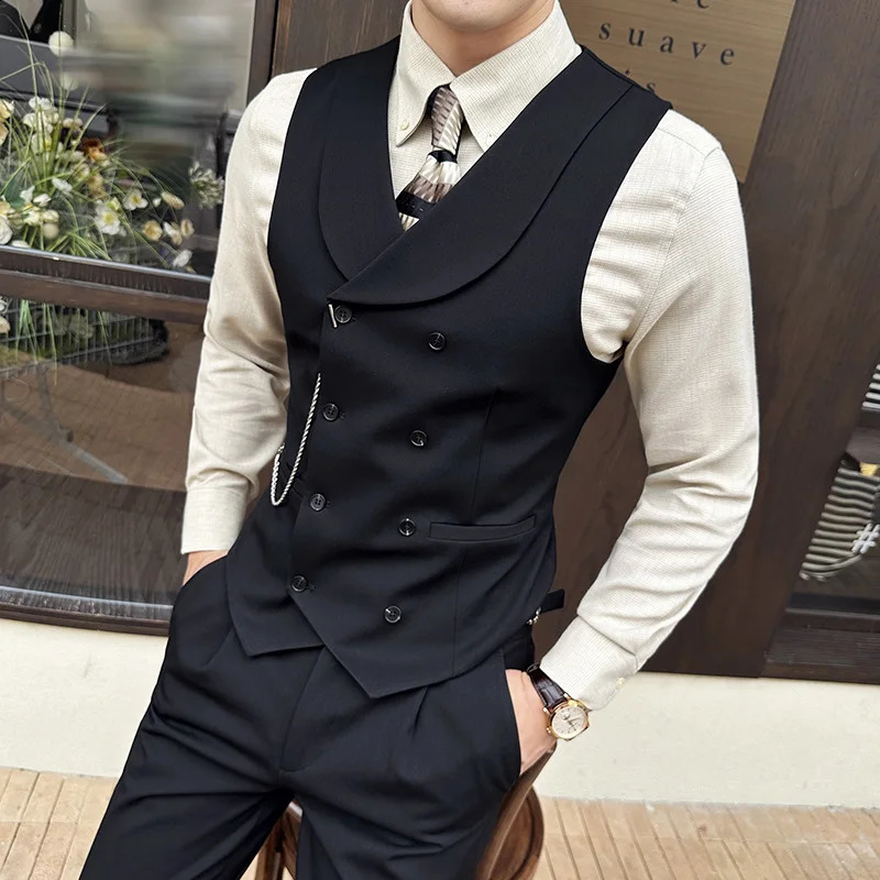 High Quality Autumn Double Breasted Suit Vest Men Business Formal Sleeveless Slim Fit Wedding Groom Banquet Party Waistcoat 250228Z