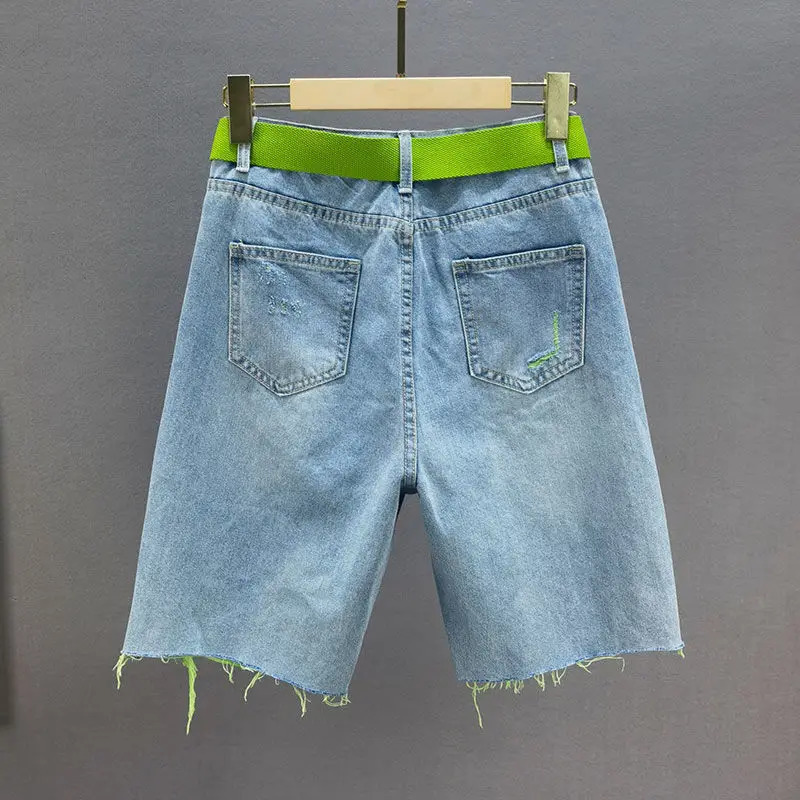Green Hole Denim Shorts Women Summer Pearl Diamond Decoration Raw Edge Short Jeans Chic High Waist Loose Straight Denim Shorts 250227