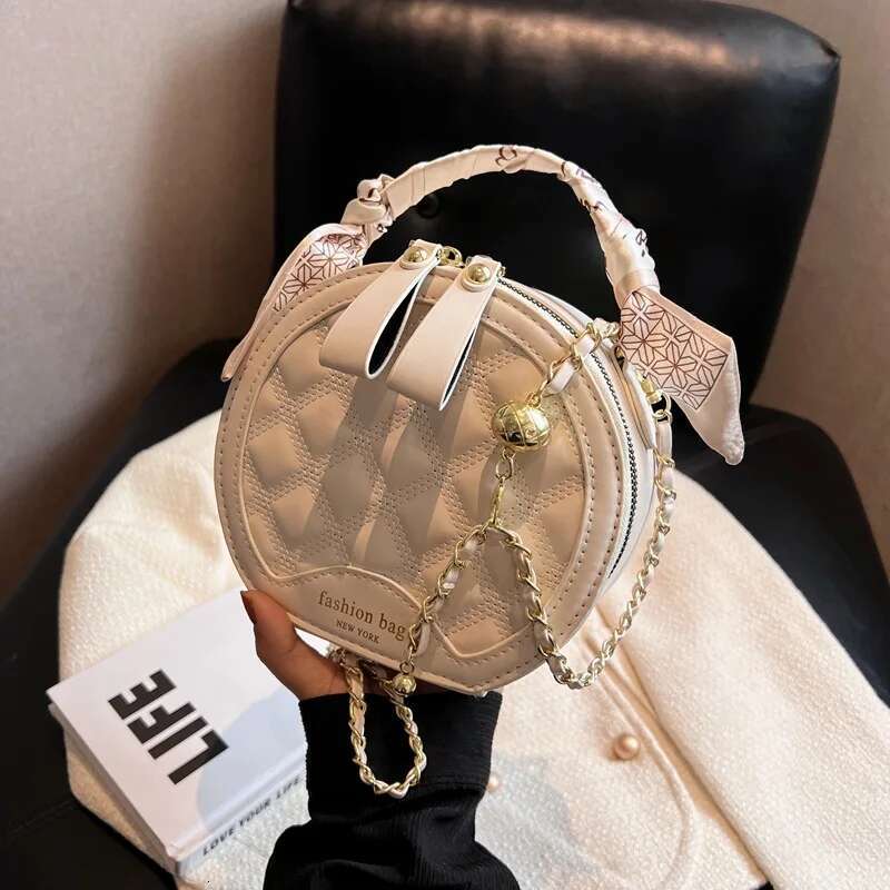 Fashion Ladies Silk Scarf Handbag Simple Girl Round Shoulder Car Ing Hundred Chain Women's Bag Lombard Decoration PU M