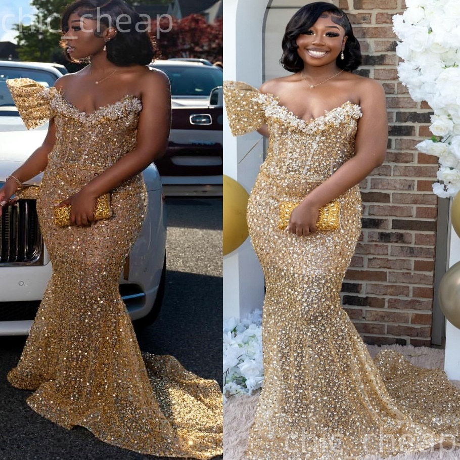 Gold Illusion Mermaid Prom Dresses 2025 Sequined Crystals Evening Formal Party Second Birthday Engagement Gowns Plus Size Dress For Special Occasions 
