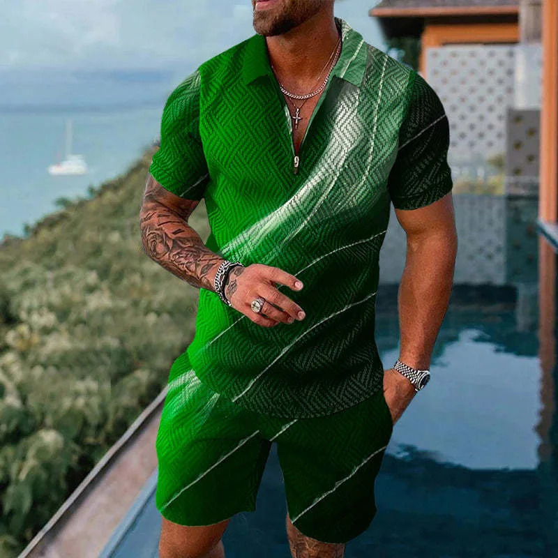 Trend Man Pullover Clothing Solid Color Gradient Print Mens Sweatsuit Set Summer Casual Zipper Polo Shirt Shorts 2pcs Sets 250224