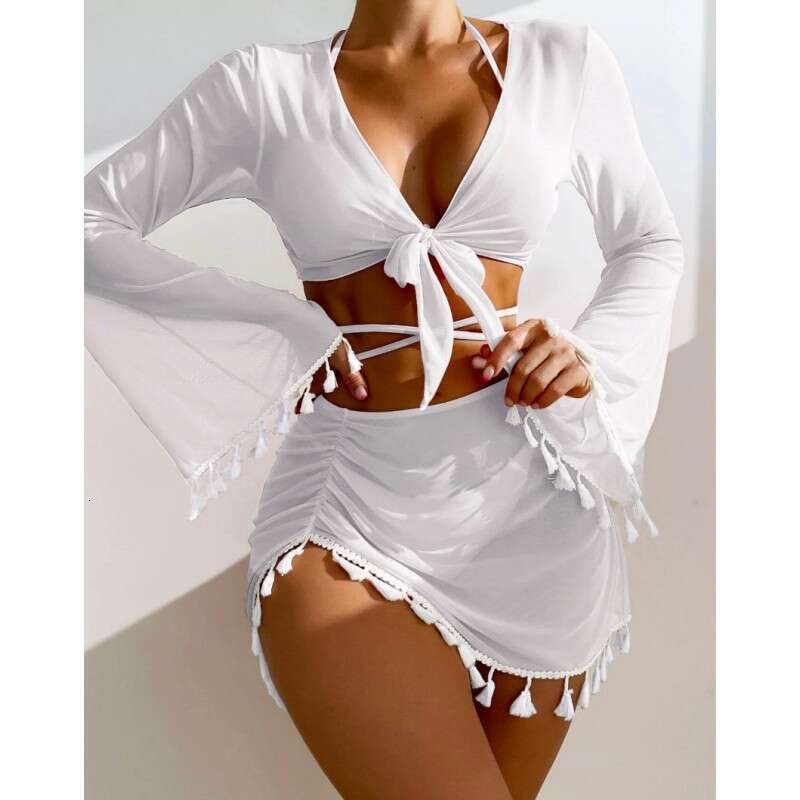 European American Conservative Four piece Solid Color Tassel Hoodie, Mesh Skirt, Bikini Wholesale Swimsuit, Women's 2025 New Style, Unique and El