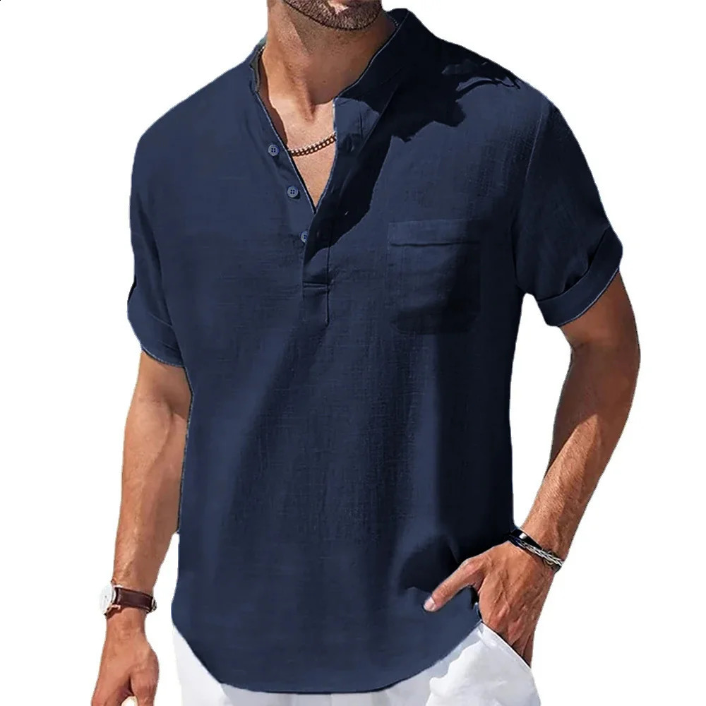 Summer Mens Cotton and Linen Shirts Short-Sleeved T-shirt Henry Collar Casual Mens T-shirts Shirt Male Men Clothing 250224