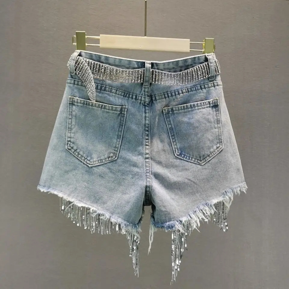 Denim Shorts for Womens Summer and Korean Versions High Waisted and Slim with Holes Studded Sequins Tassels Wide Leg Pants 250227