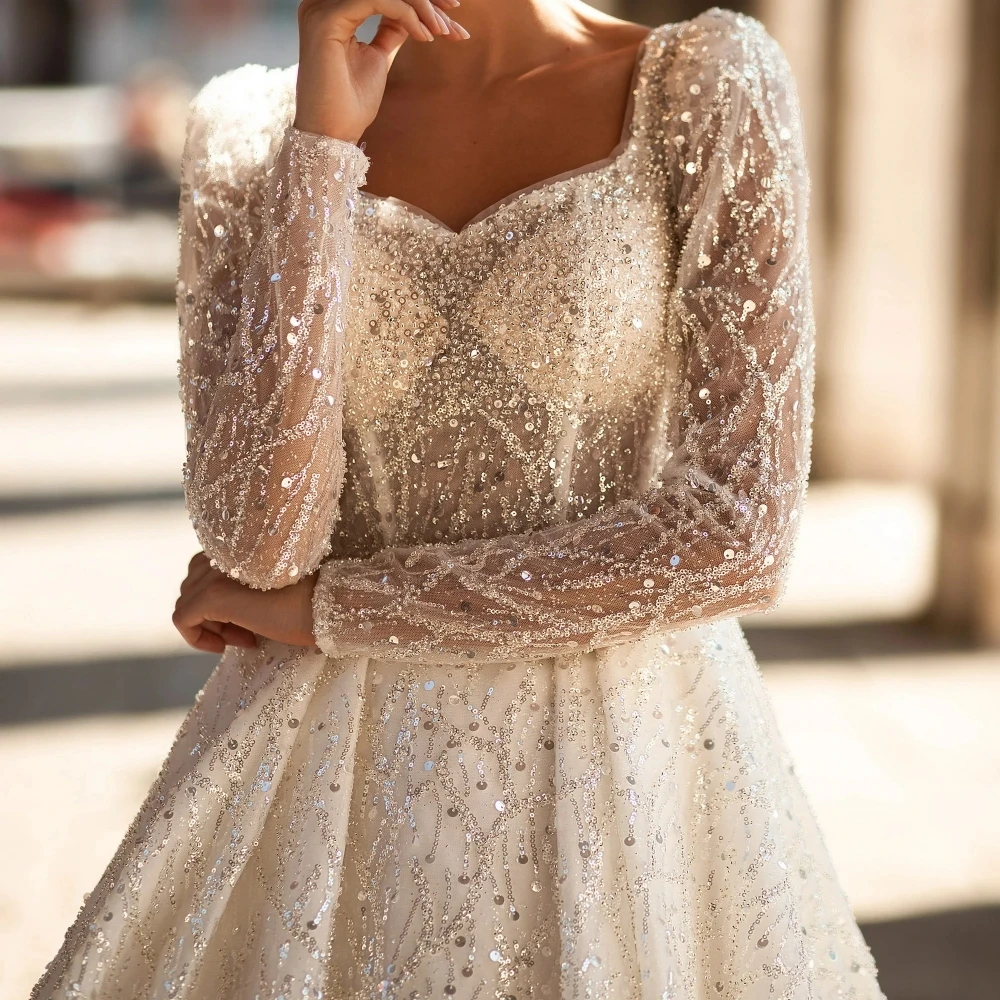 Elegant A e Women Wedding Sweetheart Neck Long Sleeves Bridal Gowns Sequins Lace Sweep Train Dress Custom Made