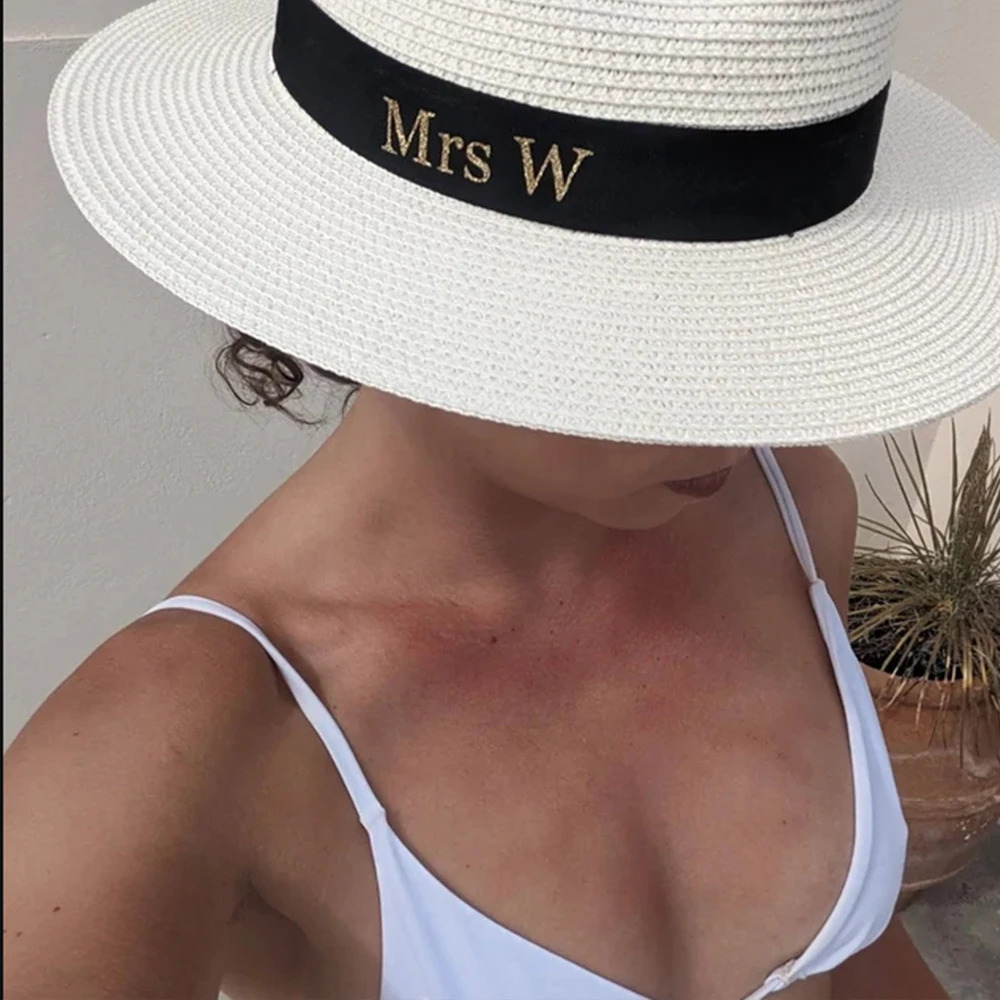 Custom Letters Womens Beach Summer Sun Hat Personalized Initials Ladies Straw Fedora Hat Wedding Party Gifts Straw Hat 250227