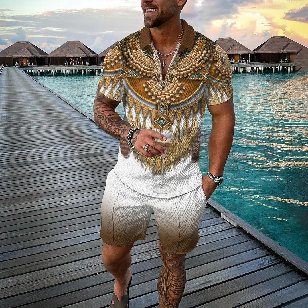 Men Tracksuit Summer 3D Printed Beach Zipper Polo Shirts Shorts 2pcs Sets Boho Geometric Style Holiday Clothing High-quality 250224