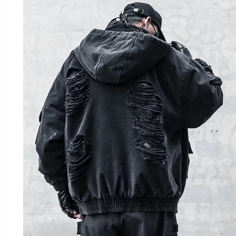 Outdoor hip-hop Techwear style ripped hole punk denim jacket mens winter wash retro black hooded denim jacket windproof 250225