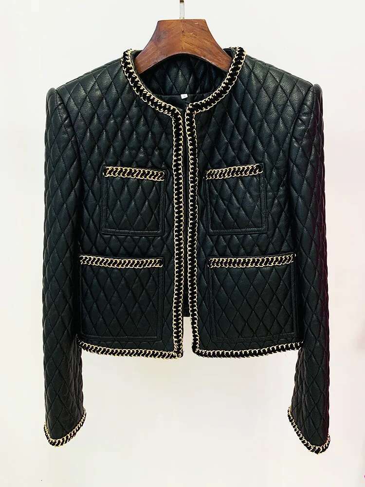 Gold Chain Edge Decoration Grid Faux Leather Cardigan Coat Blazer Black Mini Skirt Outfit Women Short Jacket