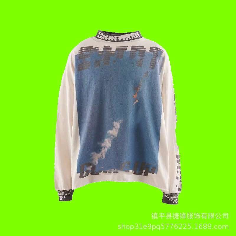 New Hip Hop American Trendy Collar Letter Splicing Men's Women's Long Sleeves Washed and Used Graffiti Loose Round Neck