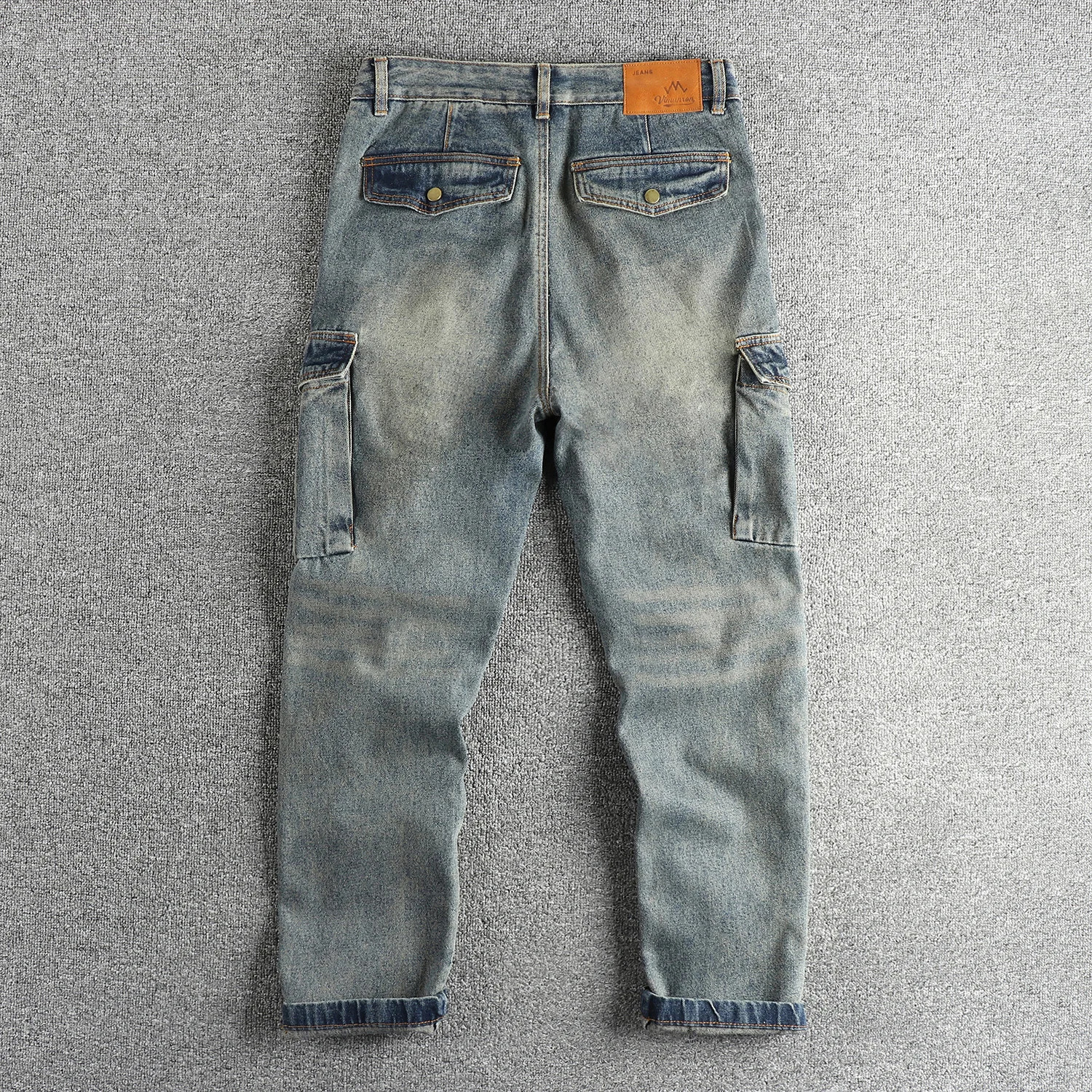 Vintage blue water wash to do old Hong Kong trend cargo jeans men loose tapered youth pants boot 250228Z