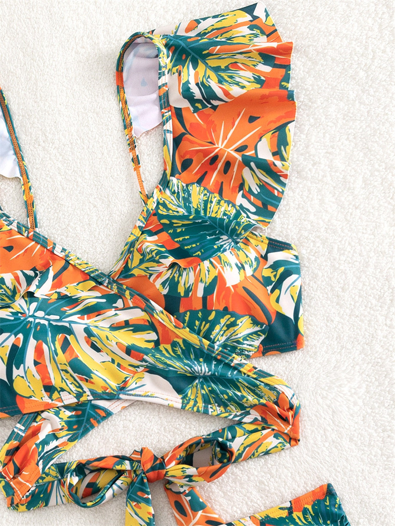 Floral Print Two-piece Bikini with Front Cross and Rear Tie and High Waist with Lotus Leaf Hem