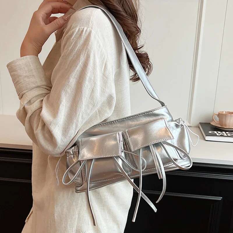 Double Pockets Design PU Leather Shoulder Bags For Women new style5 New Fashion Trend Crossbody Bag Females Sier Handbags