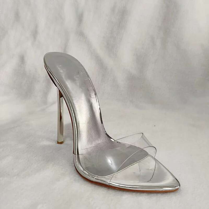 12cm metal Summer heel pointed toe women slides clear PVC sexy sandals