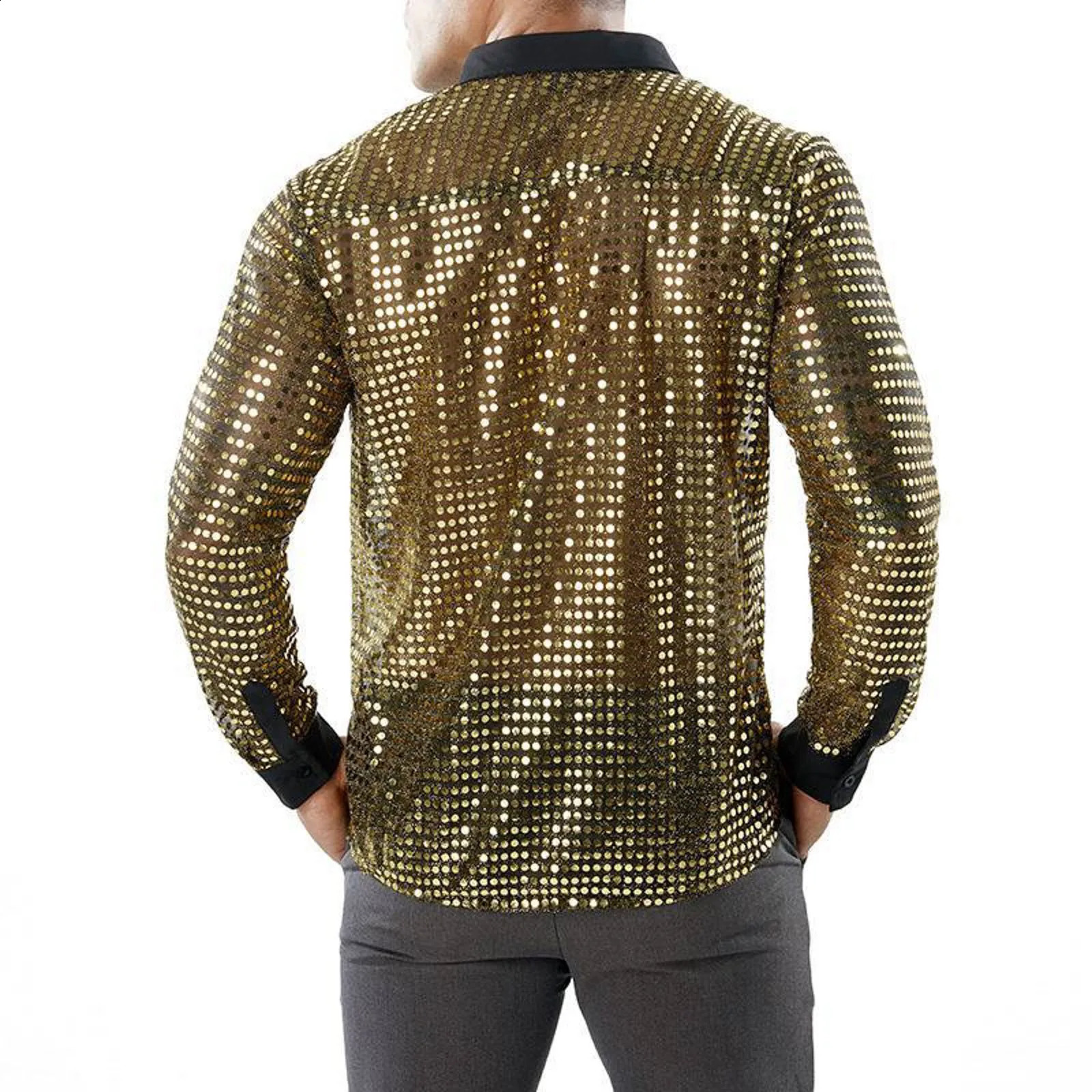 Mens Performance Sequin Shirt Lapel 70s Wear Trend Long Sleeved Haruku Streetwear 250222