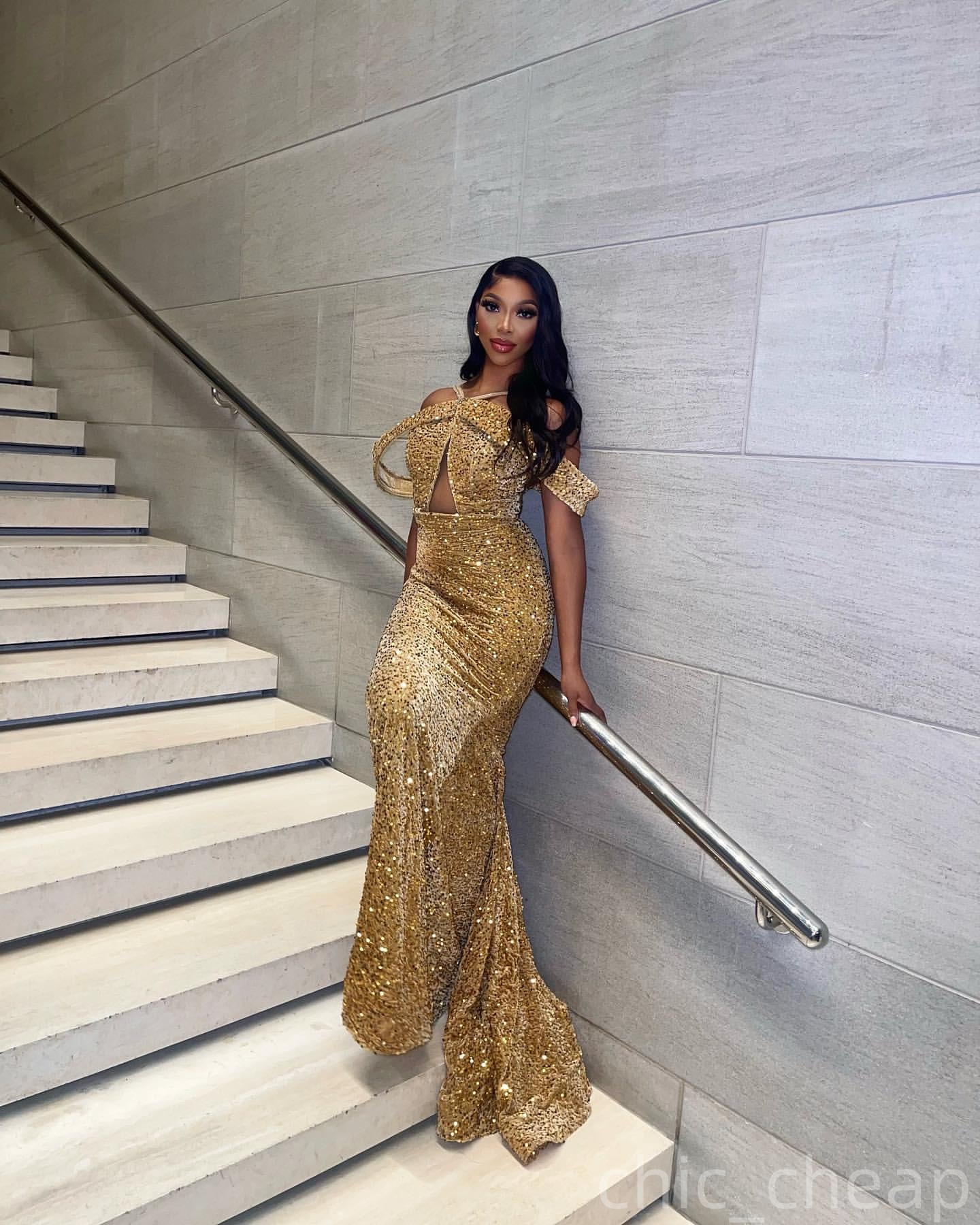 Gold Mermaid Prom Dresses 2025 Simple Sequined Spaghetti Evening Formal Party Second Birthday Engagement Gowns Plus Size Dress For Special Occasions Z