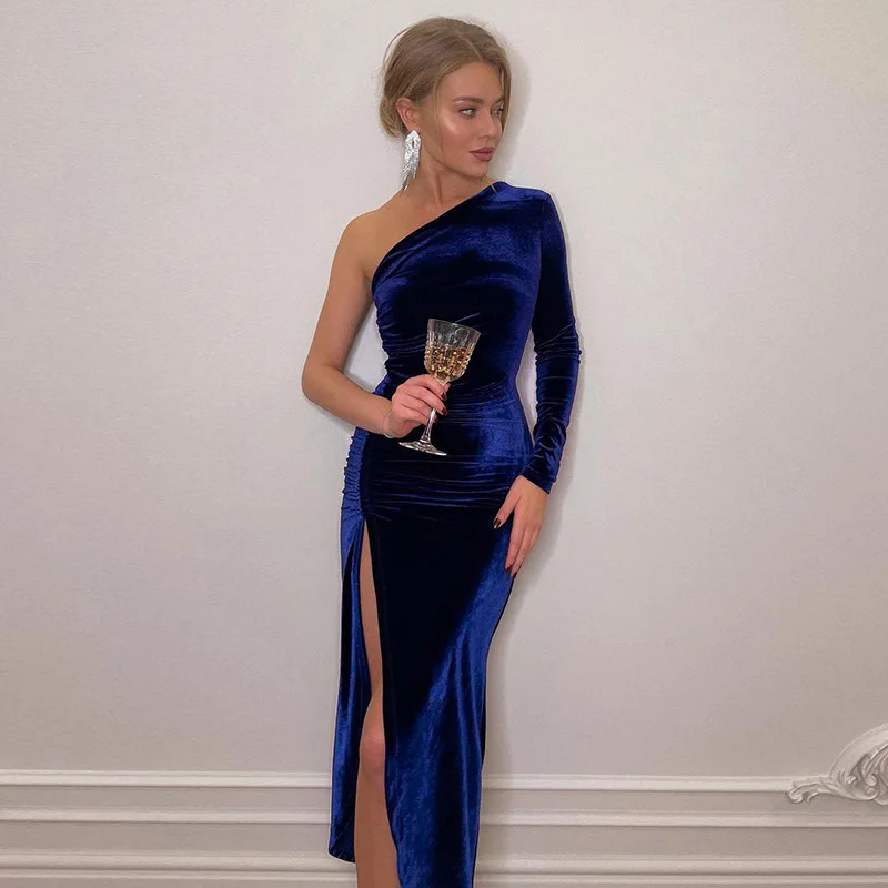 Womens Elegant Long Sleeve Party Evening Velvet Bodycon Split Pencil Midi Dress Spring Autumn Clothes 250226