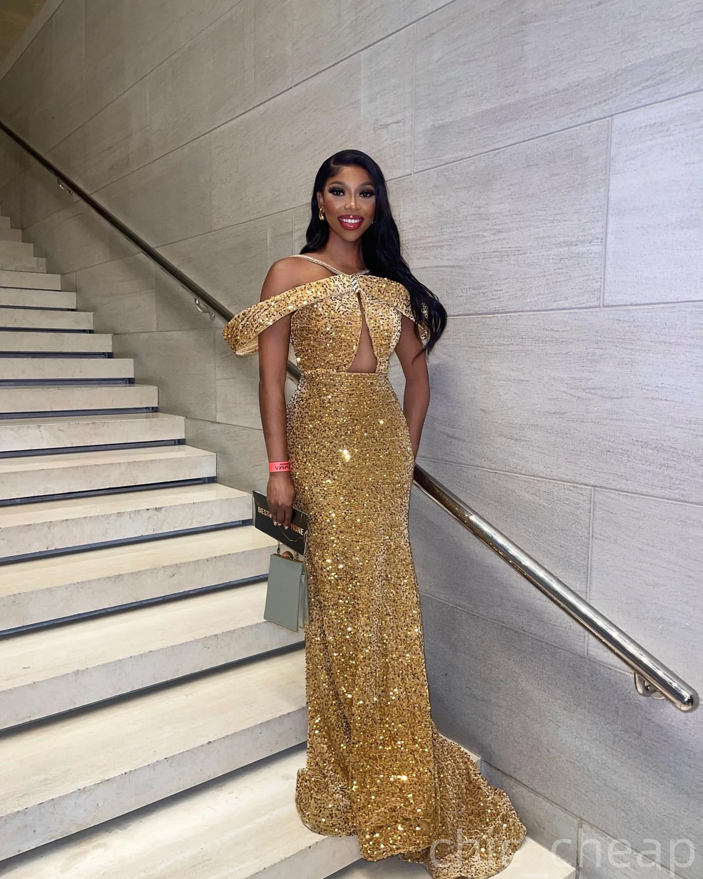 Gold Mermaid Prom Dresses 2025 Simple Sequined Spaghetti Evening Formal Party Second Birthday Engagement Gowns Plus Size Dress For Special Occasions Z