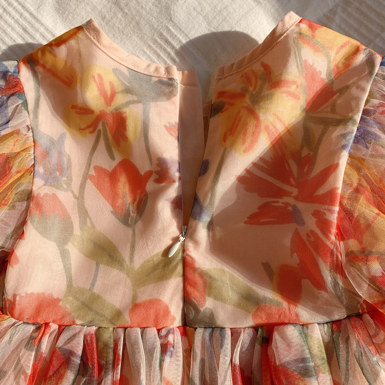 2025 Summer Kids Clothes Puff Sleeve Flower Print Dress For Girls Mesh Kids Dress for Girl 250227