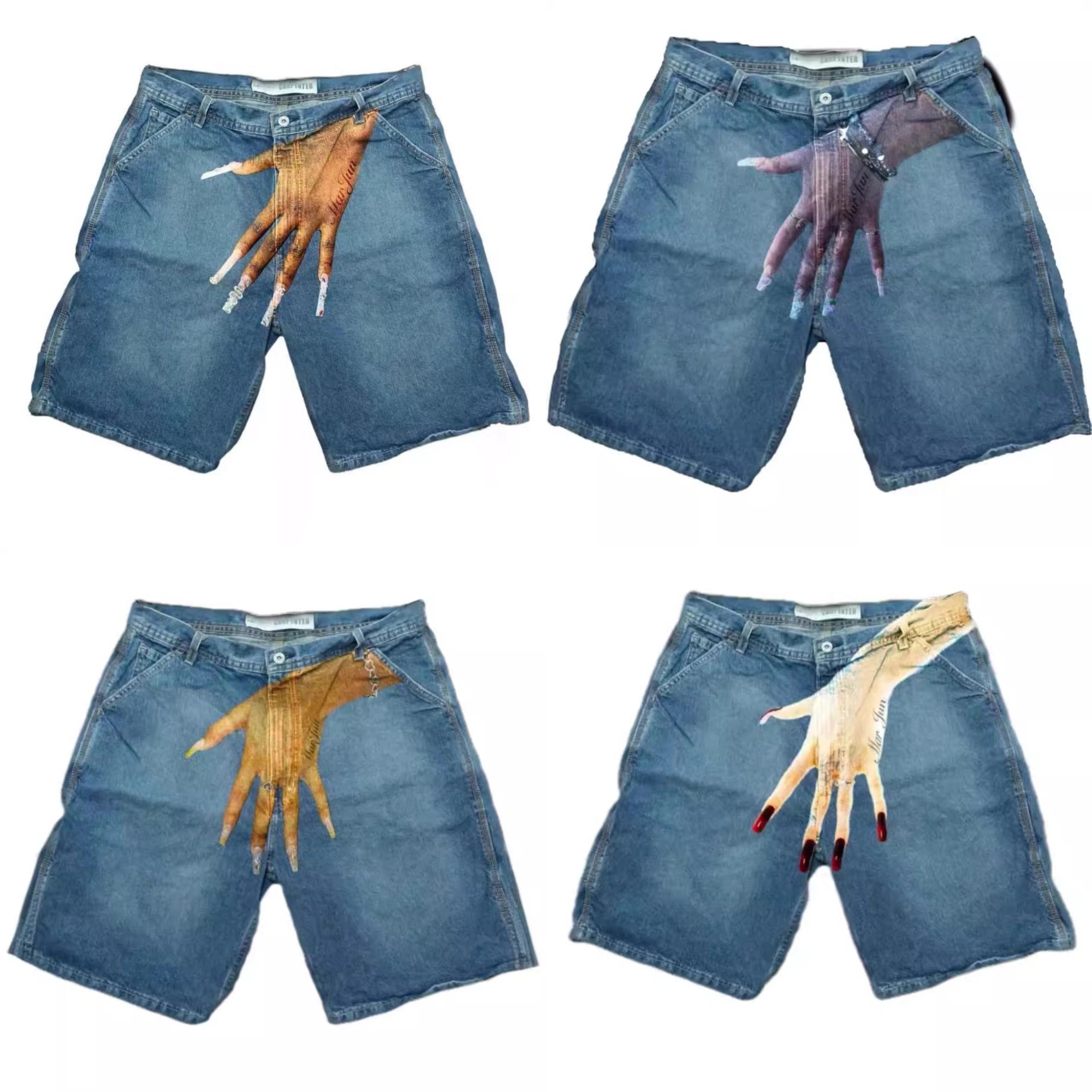 Men's Shorts Streetwear Shorts Y2K Pants Harajuku Hip Hop Finger Print Retro Blue Baggy Denim Gym Short Men Basketball Shorts Over Knee Pants