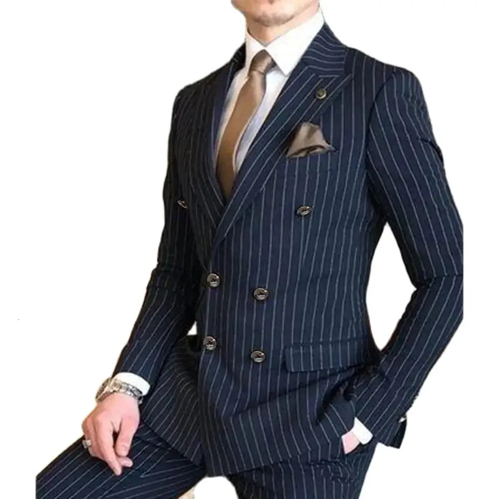 Handsome Navy Blue Suits for Men Lapel Double Breasted 2 Pieces Jacket Pants Costume Homme Terno Prom Party Male Clothing 250224