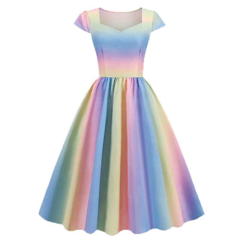 European and American printed women's short sleeved summer 50S waist cinching retro Hepburn dress 2025 temperament versatile new trend clothing i
