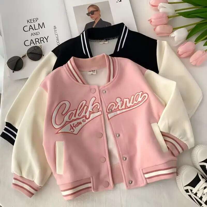 Ddmyshoesvip Spring Autumn Children Baseball Uniform Letter Embroidery Young Kids Girl Jacket Spliced Sleeve Fashion Toddler Girls Coat