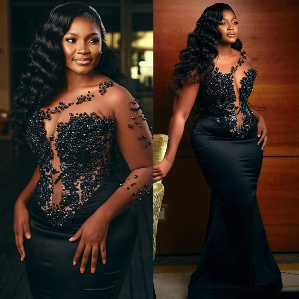 Black Plus Size African for Black Women Illusion Mermaid prom Evening Dresses Elegant Beaded Birthday Gowns Second Reception Gown Engagement Dressce l