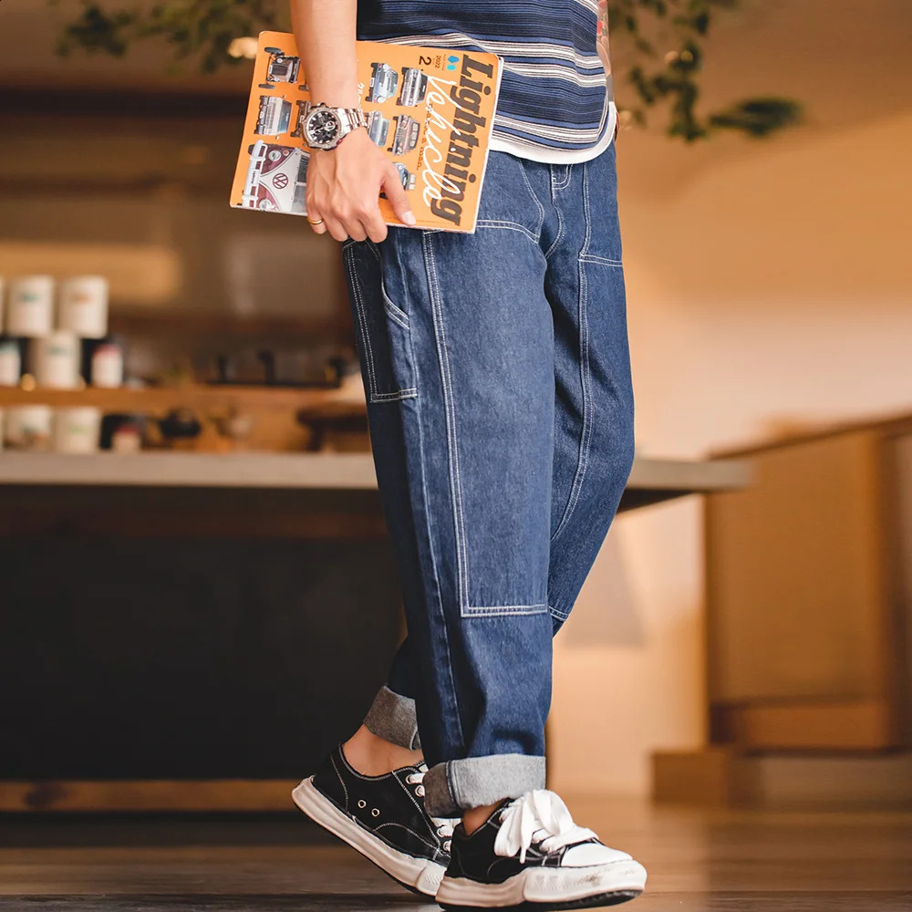 Maden 2024 Autumn Vintage Washed Denim Lumberjack Pants Mens Loose Wide Tapered Jeans Embroidered Baggy Logging Trousers Streetwear 250228Z