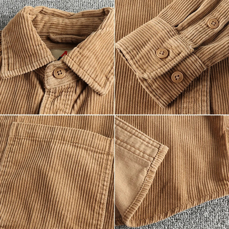 Autumn and winter custom woven cotton corduroy wash long sleeve shirt mens american retro trend single pocket coat 250226